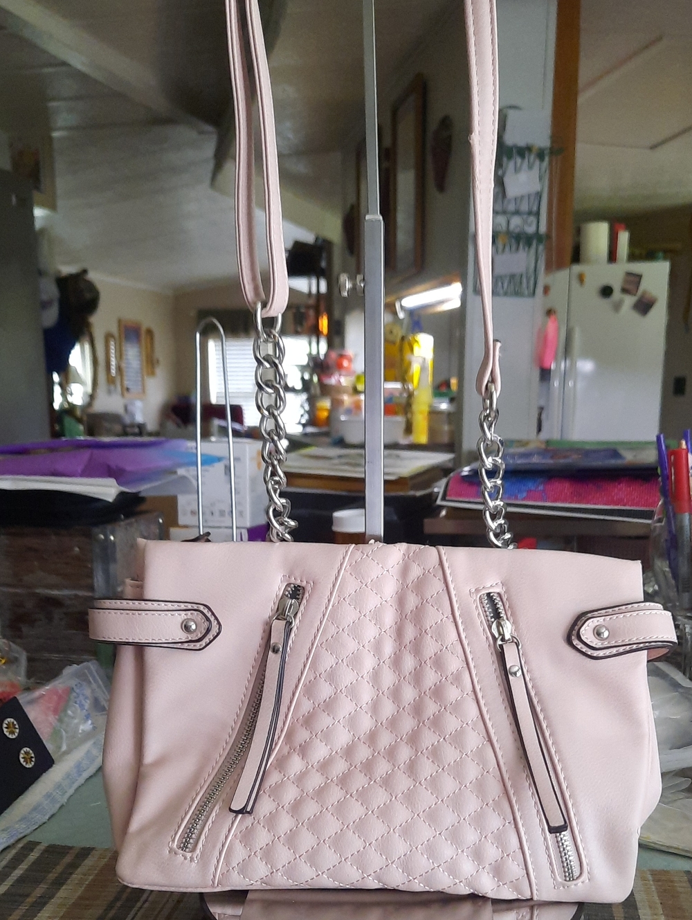 Women's Quilted Light Pink Shoulder Bag with Chain Straps
